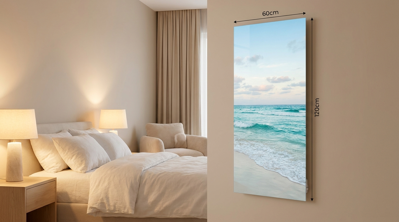 Heat4All ICONIC glazen infrarood fotopaneel 60x120 cm 730W zonder frame met zeegezicht, naast bed in moderne slaapkamer