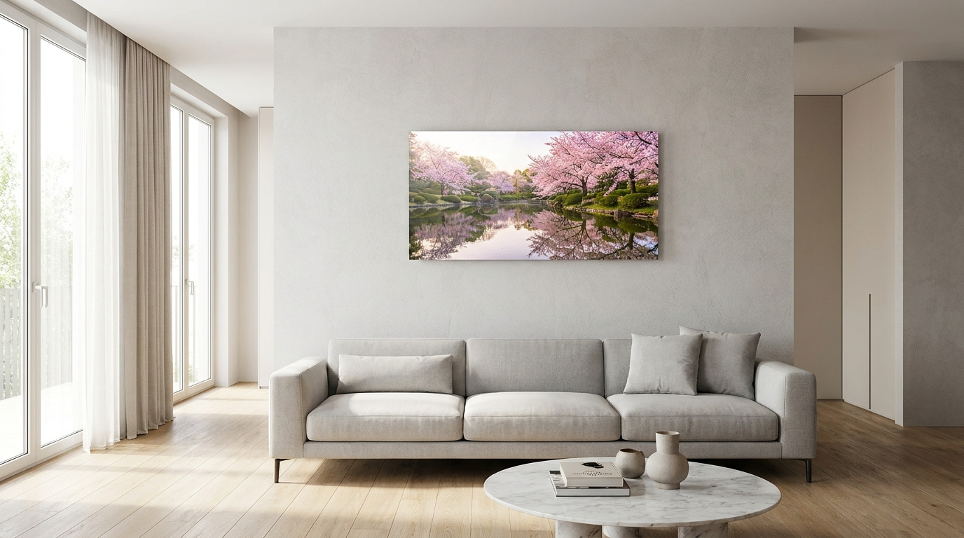 Heat4All ICONIC glazen infrarood fotopaneel 120x60 cm zonder frame met Japanse kersenbloesem tuin, in strakke moderne woonkamer