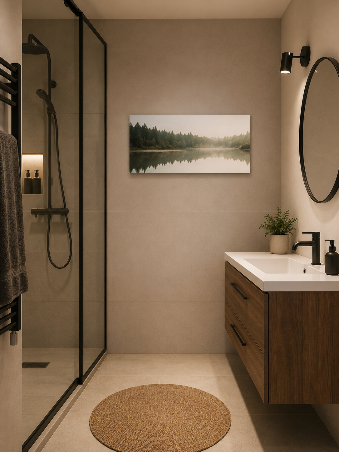 Heat4All ICONIC 210W mat fotopaneel frameless met meer en bomen landschap voor badkamer
