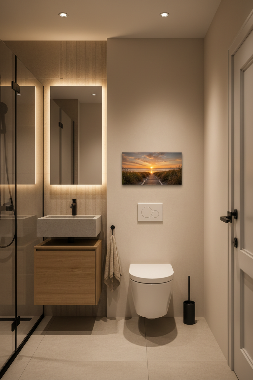Heat4All ICONIC 310W mat fotopaneel 30x90 in moderne badkamer met inloopdouche voor infraroodverwarming
