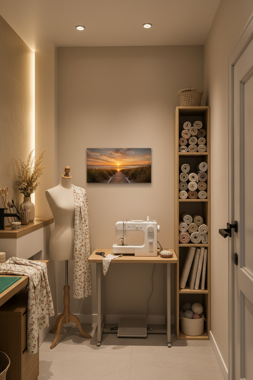 Heat4All ICONIC 310W mat fotopaneel 30x90 in gezellig naai-atelier voor infraroodverwarming