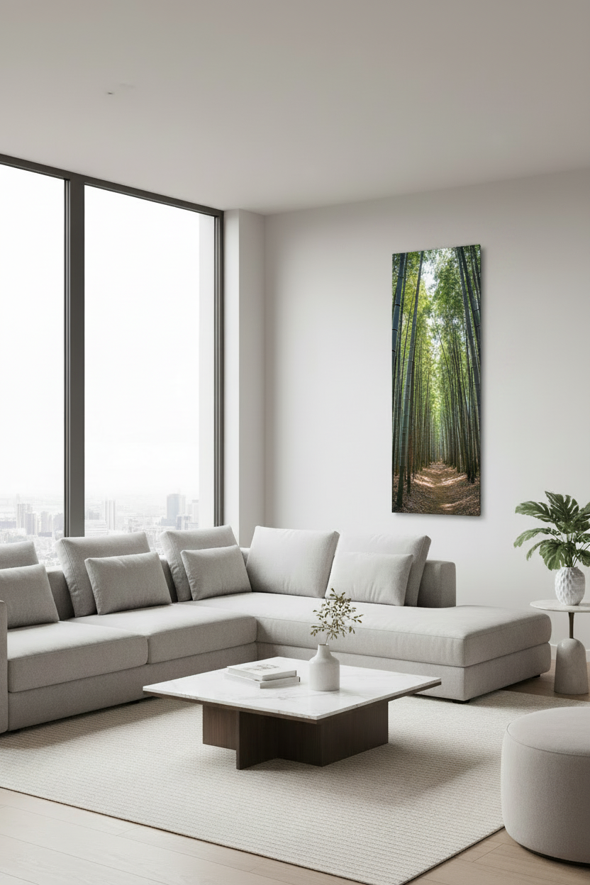 Heat4All ICONIC 710W mat fotopaneel 40x170 in moderne woonkamer voor infraroodverwarming