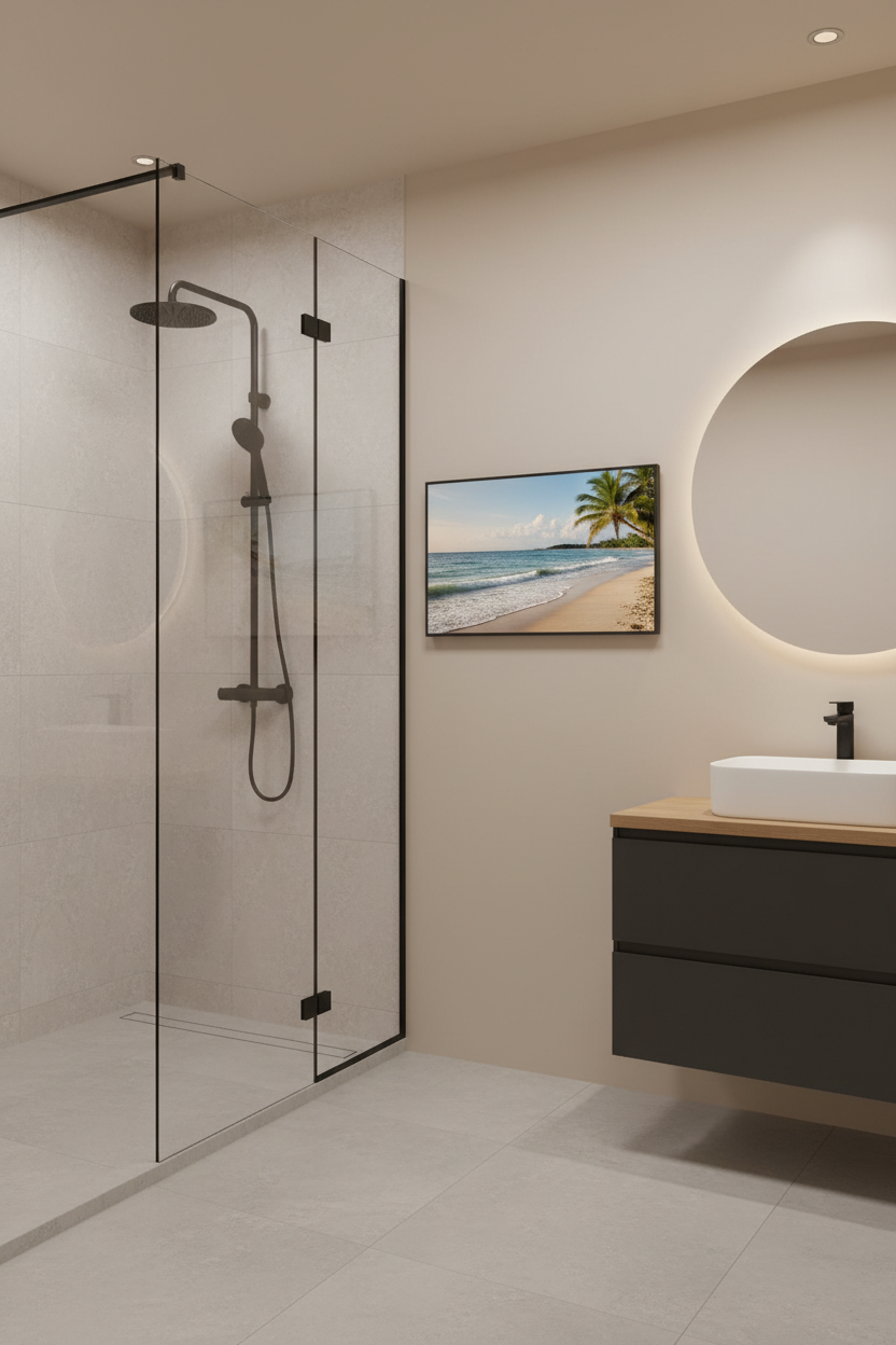 Heat4All ICONIC 600W mat fotopaneel 70x90 in moderne badkamer met inloopdouche voor infraroodverwarming