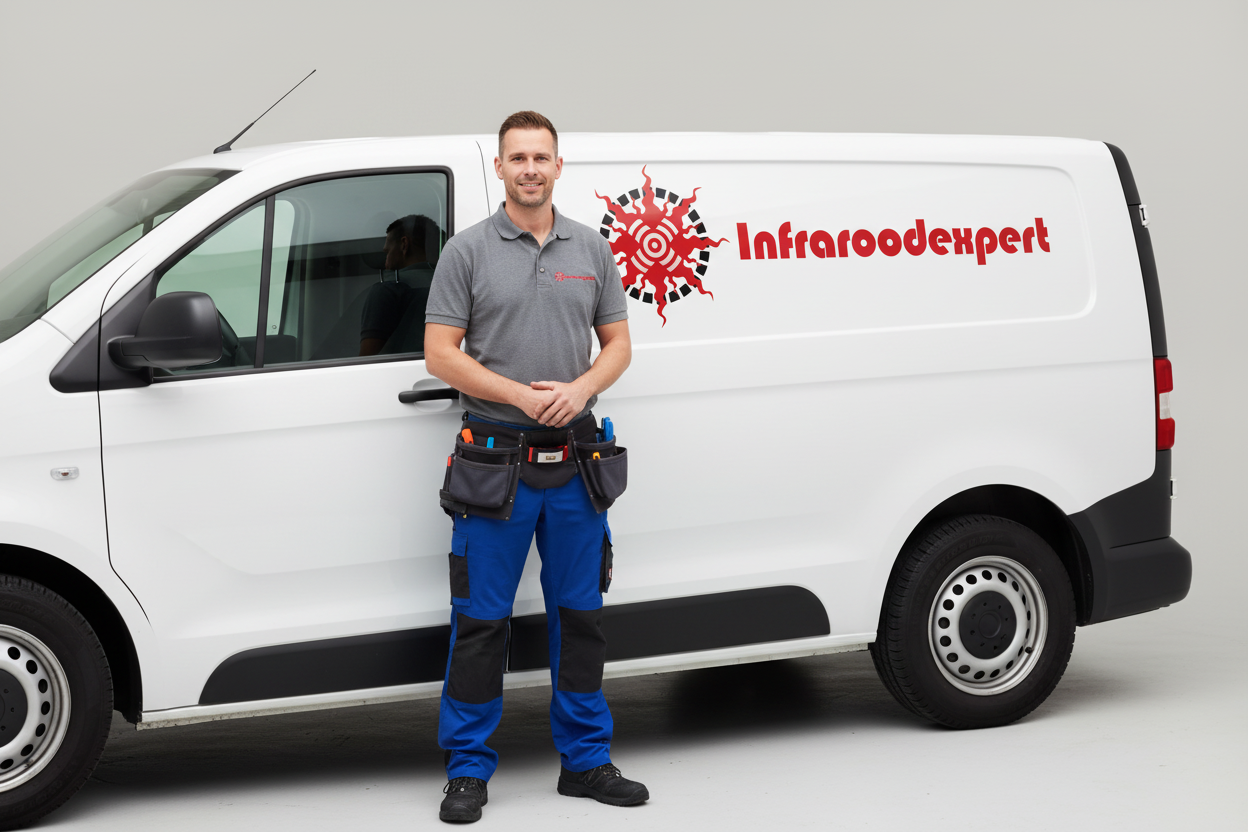 Installateur met Infraroodexpert logo op zijflank camionette